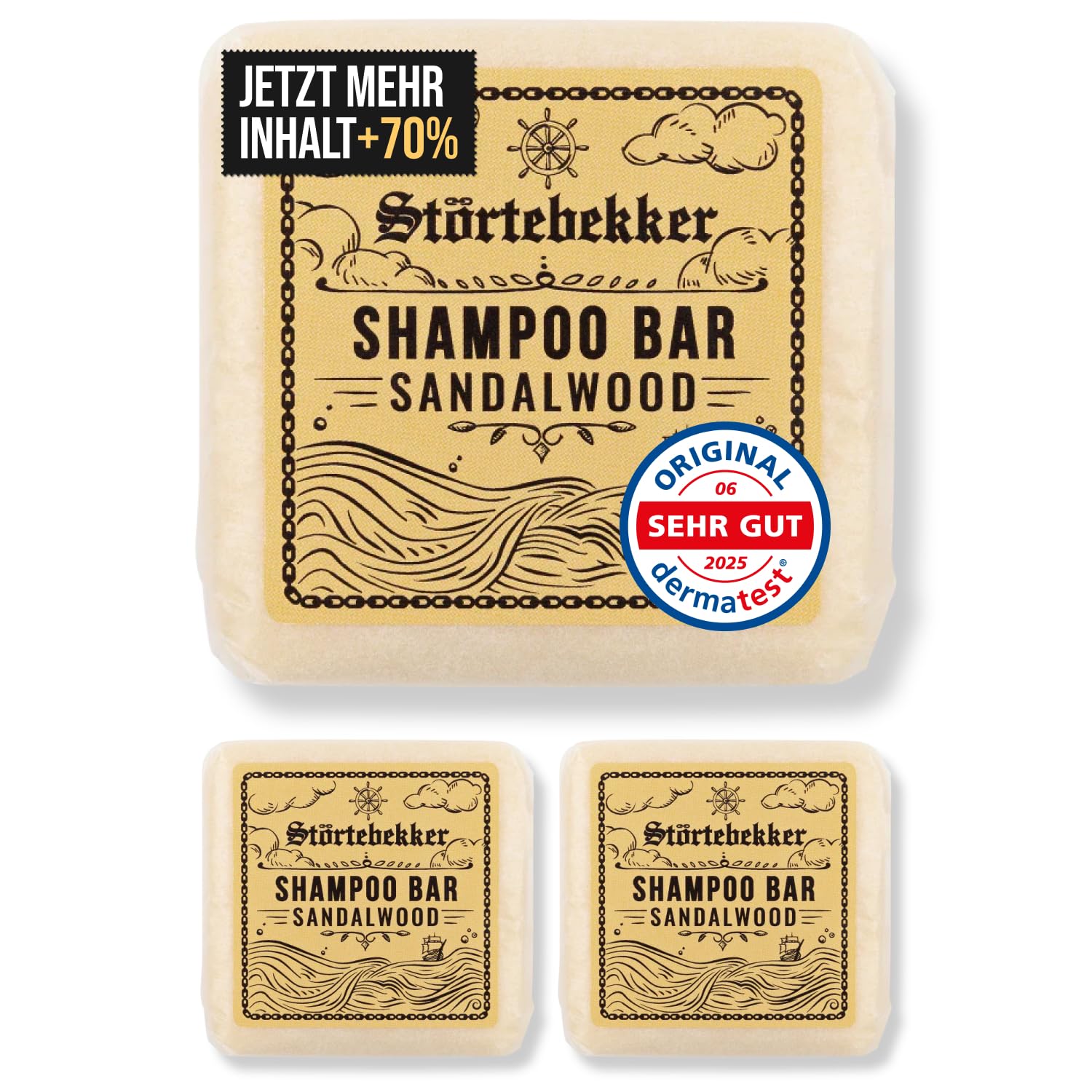 Störtebekker® Premium Shampoo Bar Sandelholz 3x - Festes Shampoo Herren & Damen - 3in1 Duschseife Männer für Haare, Kopfhaut & Bart - Feuchtigkeitsshampoo - vegan, handgefertigt - 3x 100g