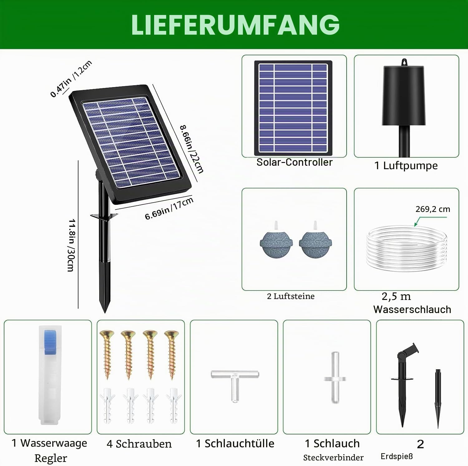 Solar-Belüfter mit Luftpumpe, 3 Modi (18H/36H/72H) – 4 W, 2200 mAh, Blasenregler für kleine Außenbecken