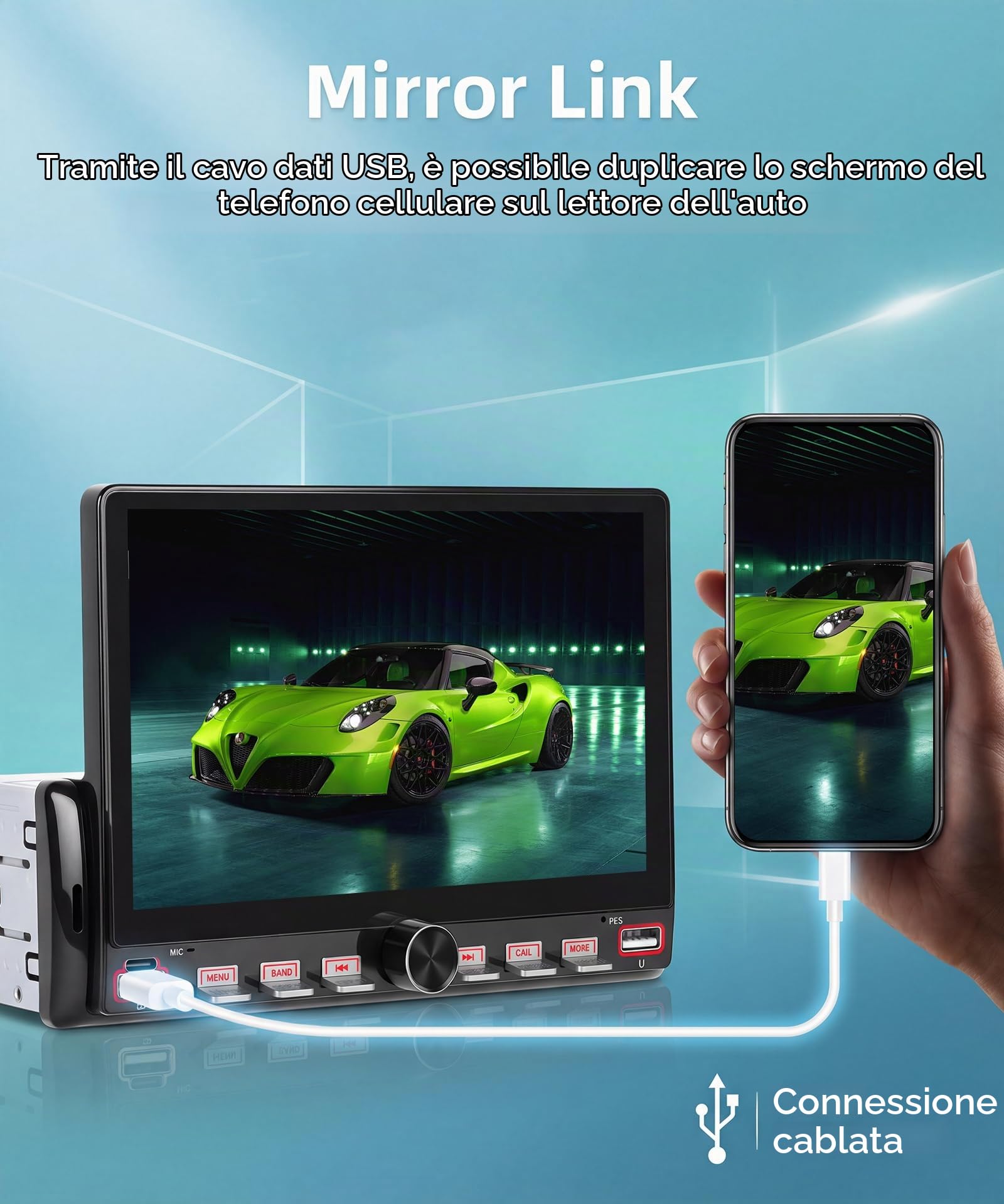 Rimoody Autoradio 1 Din Carplay Android Auto Wireless, 7'' IPS Touchscreen Stereo Carplay 1 Din con Mirror Link Vivavoce Bluetooth FM EQ Tipo-C 2USB Controllo del Volante Retrocamera