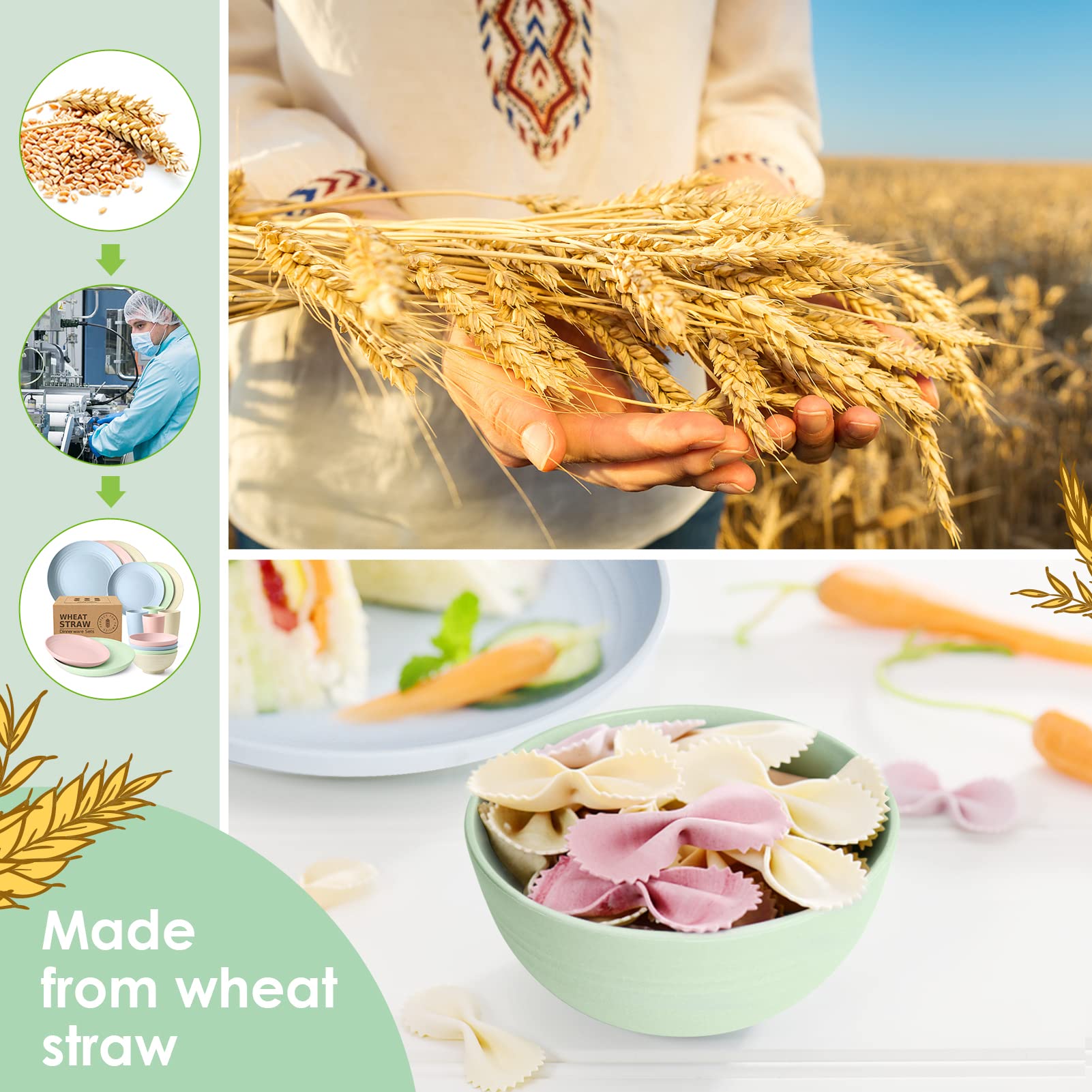 Teivio 32-Piece Kitchen Wheat Straw Dinnerware Set, Service for 8, Dinner Plates, Dessert Plate, Cereal Bowls, Cups, Unbreakable Plastic Outdoor Camping Dishes, Multicolor