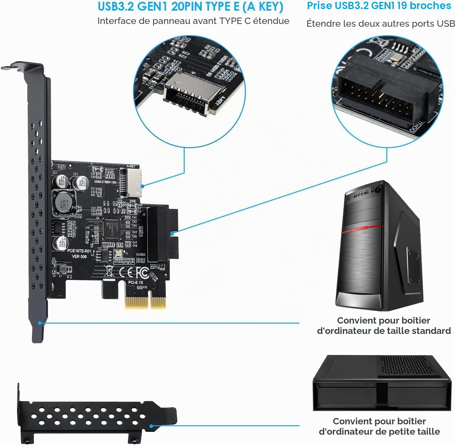 USB 3.2 GEN1 Type-e (clé A) en Face Avant (vers Type-C en Face Avant) 5 Gbps