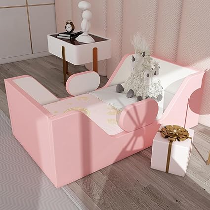 Toddler Bed, Child Bed for Kids with Extra Safty Broad, Standard Crib Size Toddler Bed, Certified Fabric Toddler Beds,Toddler Flood Bed (Mixed Pink&White)