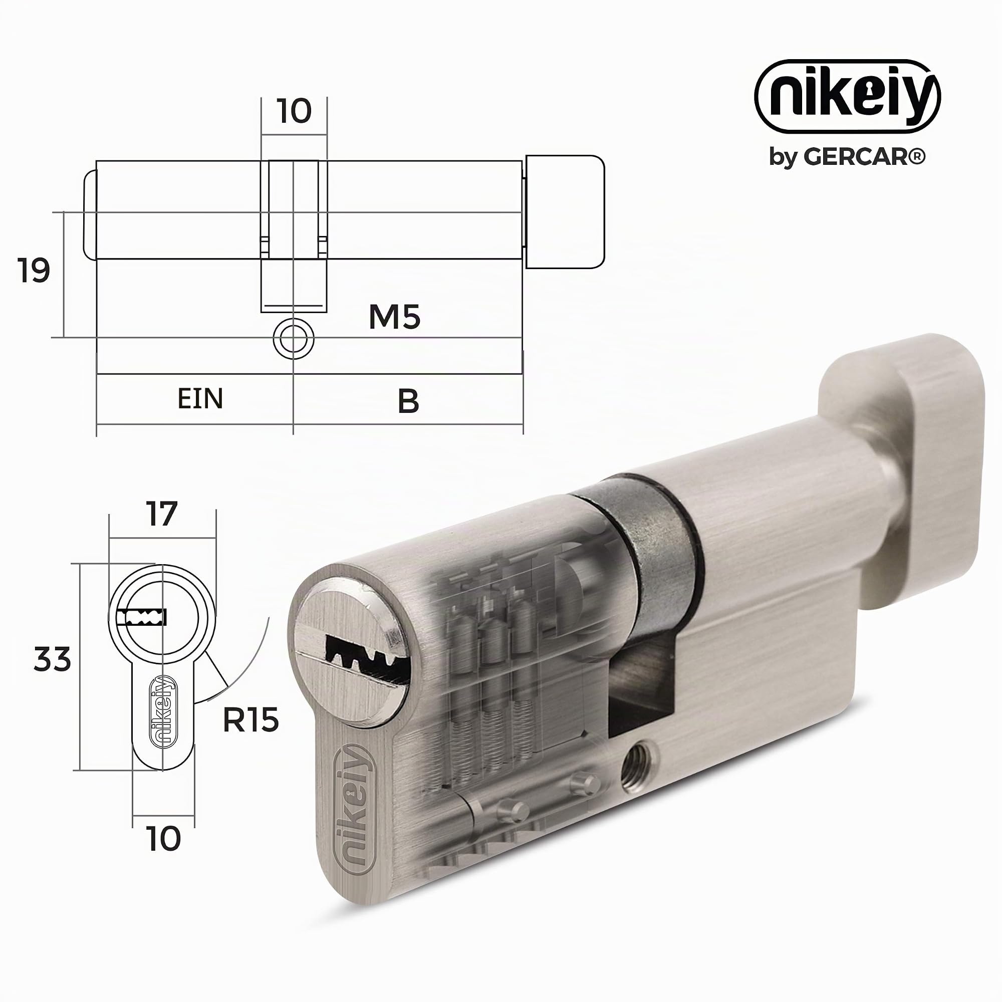 GERCAR Pro 4er Set Knaufzylinder gleichschließend 60mm Schließzylinder mit Knauf 30/30 Zylinder - Messing matt Massiv - inkl. 10 Schlüssel - Wendeschlüssel - Länge: 60 mm, A:30 B:30-4x