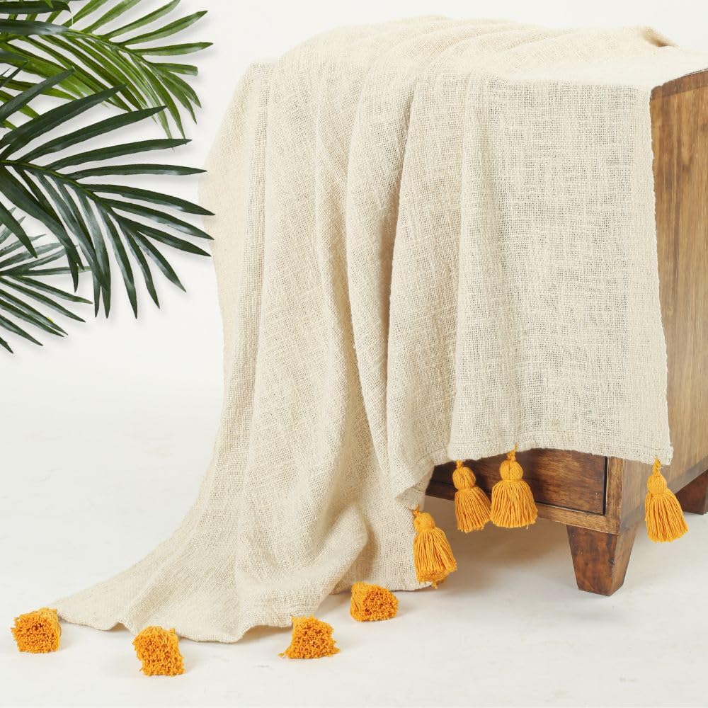 HOMADORN 100% Cotton Off White Throw 300 TC Blanket with Handmade Colorful Tassel for Sofa, Bed Couch (50 X 60 Iches) (Mustard)-image-22