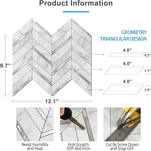 Miniatura 4 de Pelar y pegar, 10 hojas de azulejos de pared de espiga para despegar y pegar de 12.1 x 9.7 pulgadas, azulejos de PVC para salpicaduras de cocina y