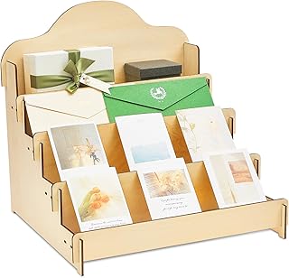 Barydat Large Greeting Card Display Stand Tiered Wooden Display Stand for Postcard Brochure Photos Jewelry Snacks Sticker Holder for Vendors, Counter Retail(15.8 x 15.8 x 16.5 Inch,Beige)