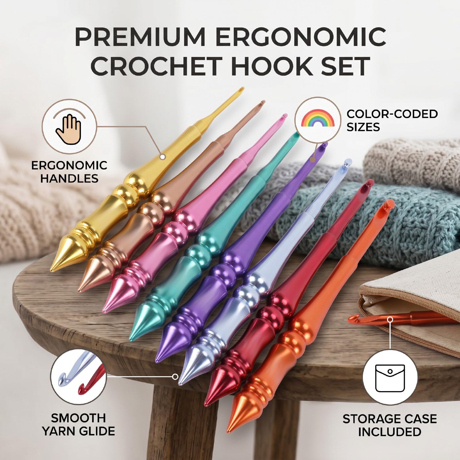 Cryfokt Zestaw 8 Ergonomicznych Szydełek, Kolorowe Uchwyty od 3,0 Mm do 7,0 Mm
