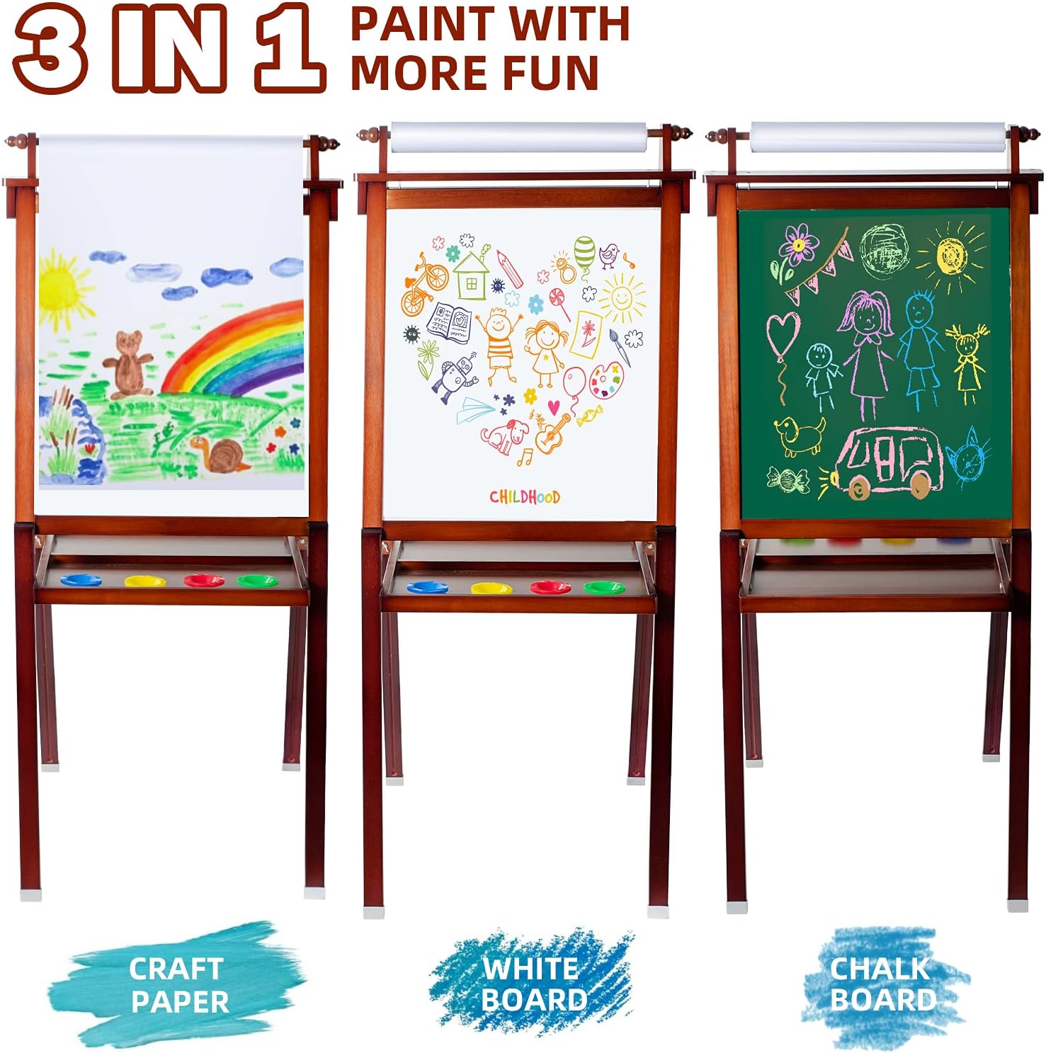 Staruto Kids Wooden Easel, Height Adjustable Standing Easel with Paper Roll Holder, Double-Sided Whiteboard & Chalkboard, Letters and Numbers Magnets and Other Art Accessories for Kids (Walnut): Home & Kitchen