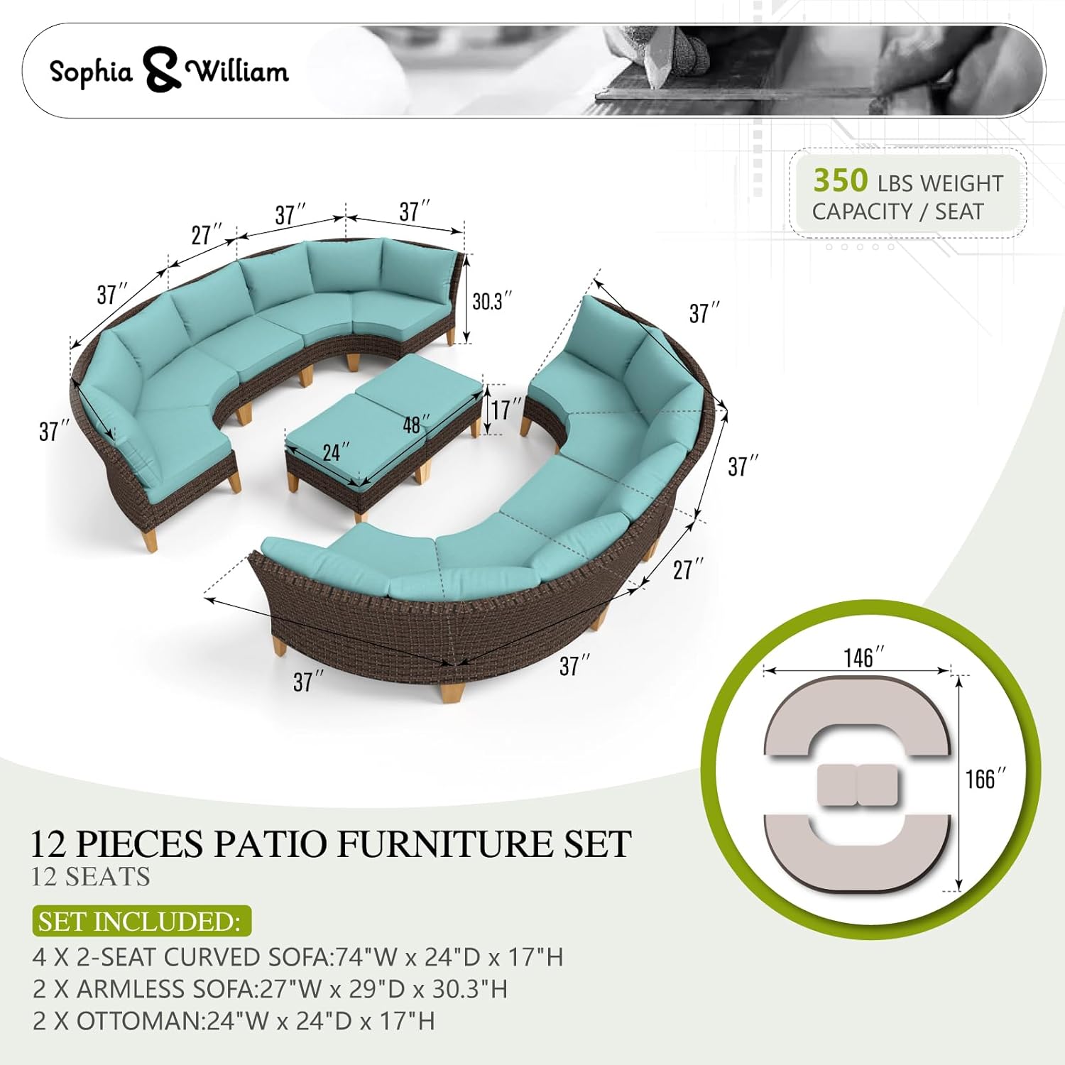 Sophia & William Outdoor Wicker Sectional Sofa Set, 12 Piece Half Moon Curved Patio Furniture Modern Round Outdoor Couch Conversation Set with Ottoman for Backyard, Deck, Garden(Aqua Blue)