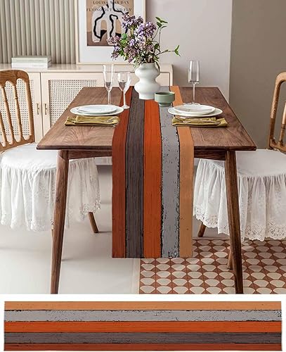 Miniatura 181 de Camino de mesa de algodón y lino estilo granja rústico retro, textura de madera de granero, color degradado marrón y gris, antideslizante,