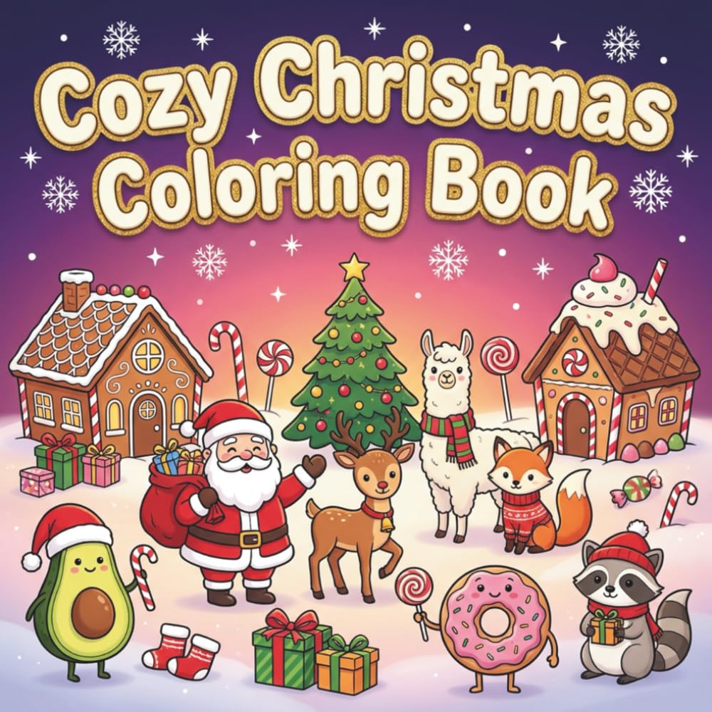 Cozy Christmas Coloring Book for Kids & Adults: 50 Cute Festive Pages featuring Kawaii Avocado, Santa Claus, Gingerbread Houses, and Fun Holiday Designs