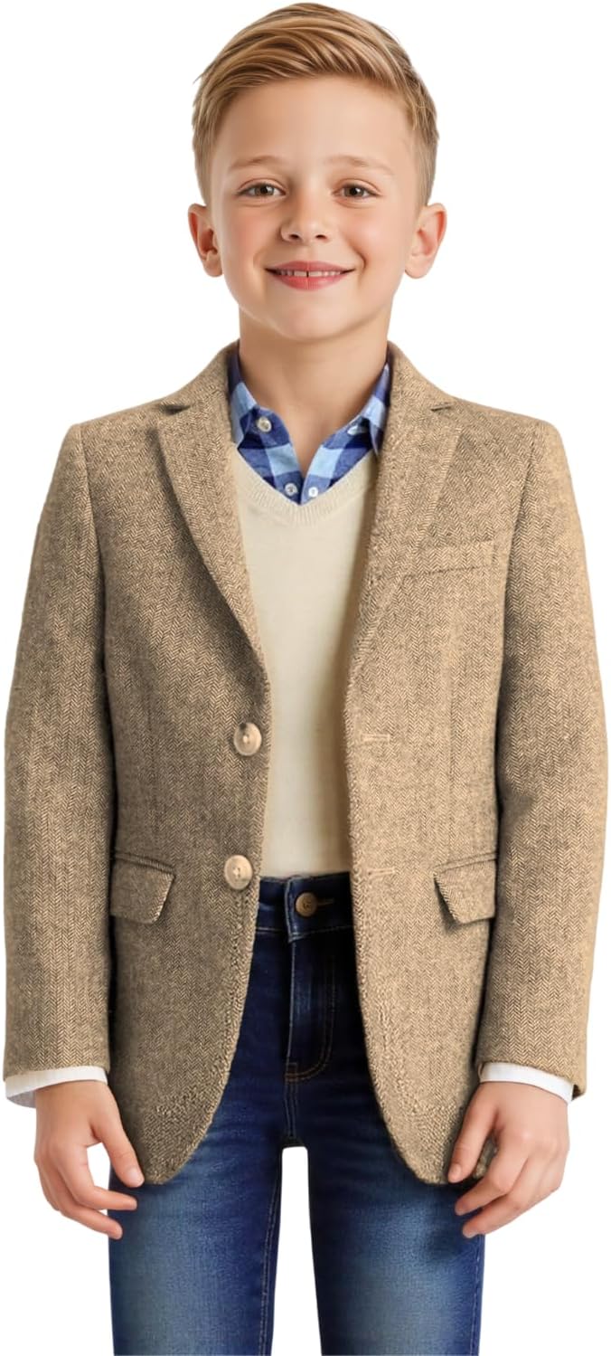 Retro Tweed Boys Suit Blazer Herringbone Jacket for Kids Slim Fit Classic Sport Coat Formal Kid Tuxedo Prom Party Wear