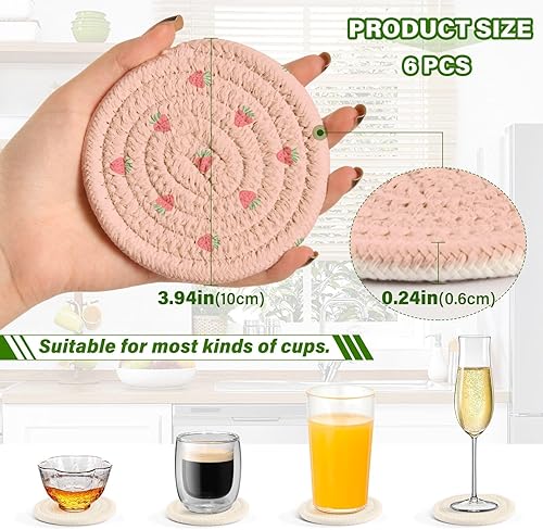 Miniatura 3 de innewgogo Pink Strawberry 6 Pcs Absorbent Drink Coasters for Tabletop Protection Handmade Round Woven Coaster with Holder & Heat Water Resistant
