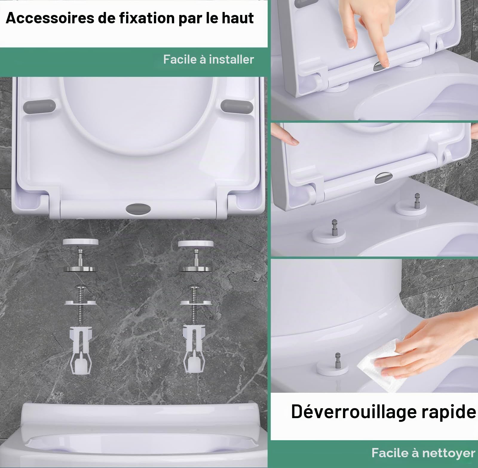 Abattant WC Rectangulaire, Cuvette Toilette avec Frein De Chute, Lunette WC Carré Noir, 350 X 450Mm, Matériau UF, Lunette WC, Démontage Rapide - Fixation par Le Haut
