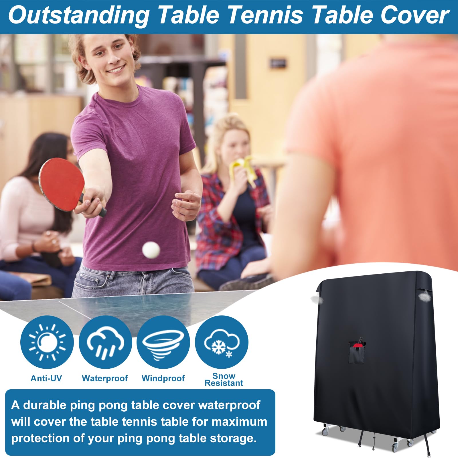 Funda de tenis de mesa impermeable al aire libre, cubierta de mesa de tenis de mesa 420D de alta calidad con 2 hebillas resistentes al viento, bolsillo para remo y ventilación de aire, funda universal