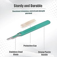 Vista 3 de Cuchillas de bisturí desechables #15 hechas de acero inoxidable templado, caja de 10 cuchillos de bisturí estériles con mango de plástico, bolsas