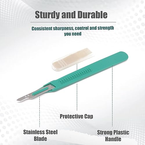 Miniatura 3 de Cuchillas de bisturí desechables #15 hechas de acero inoxidable templado, caja de 10 cuchillos de bisturí estériles con mango de plástico, bolsas