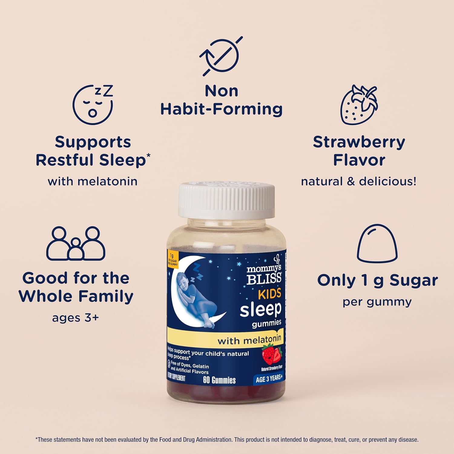 Mommy's Bliss Kids Sleep Melatonin Gummies, No Artificial Colors, Flavors or Gelatin, Strawberry Flavor Children's Melatonin Gummies, Age 3+, 60 Count - Image 3