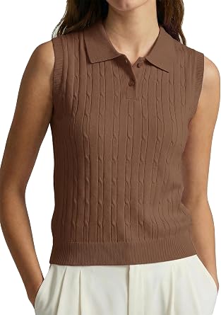 Womens Cotton Blend Sleeveless Sweater Tops Polo Collared Button Knit Vest
