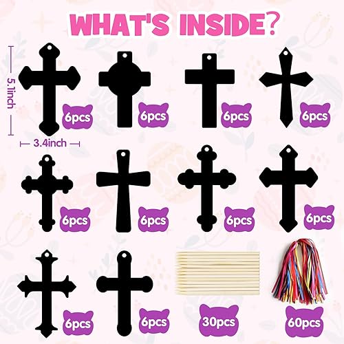Miniatura 2 de ZMLM Art-Craft - Adorno de cruz para rascar 60 piezas de papel de rayado de arco iris, regalo de fiesta para niños y niñas, suministros de arte para