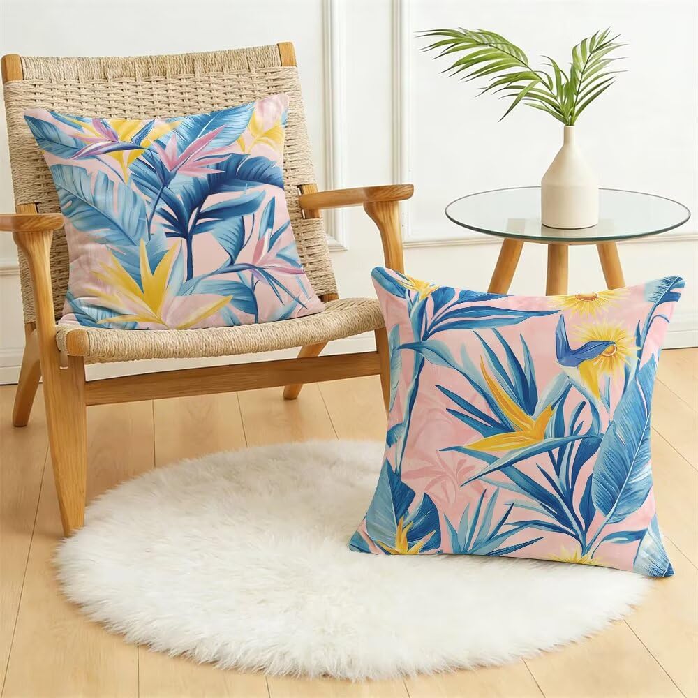 Federe Cuscini Divano 65x65 cm Federe Morbido Copricuscini Rosa in Velluto, 2 Pezzi Copri Cuscini per Divano Primavera Estate Federa Cuscino Piante Tropicali per Camera da Letto Soggiorno (IU71)