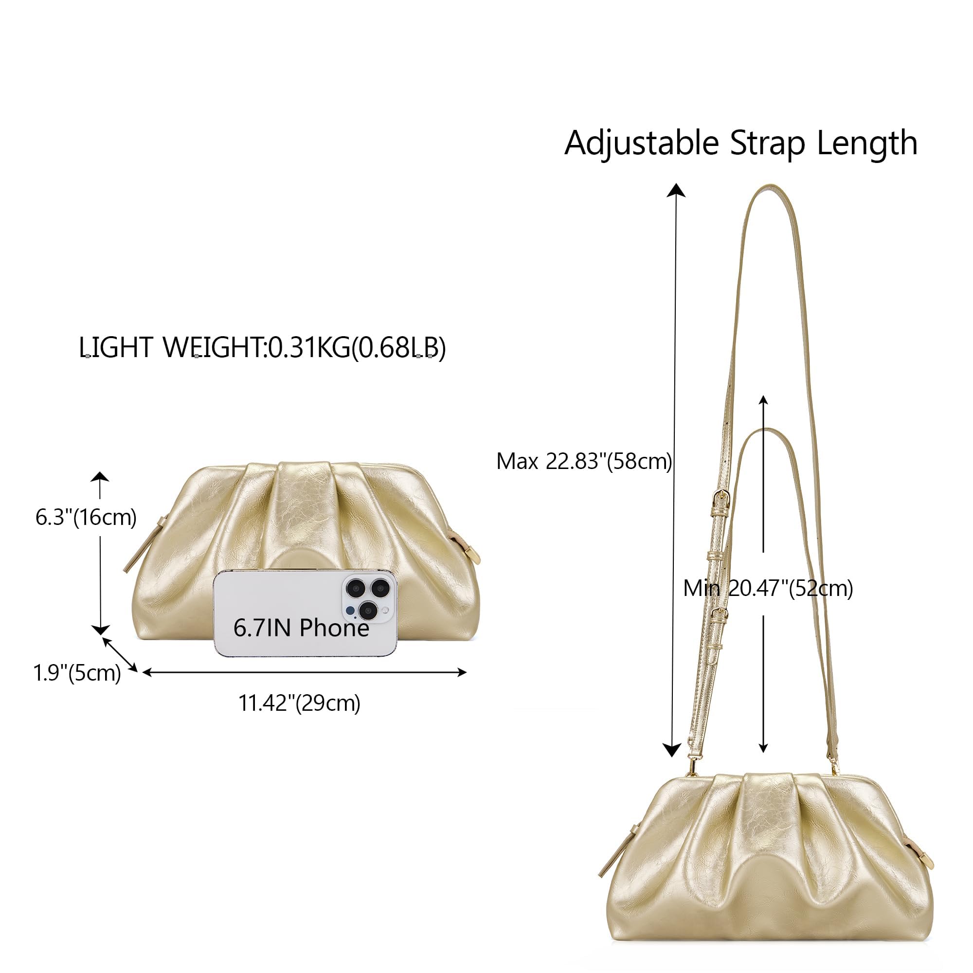 Damen Clutch Cloud Pleated Abendtasche Elegante Tasche Klein Handtasche PU Leder Schultertasche für Hochzeit mit Reißverschluss