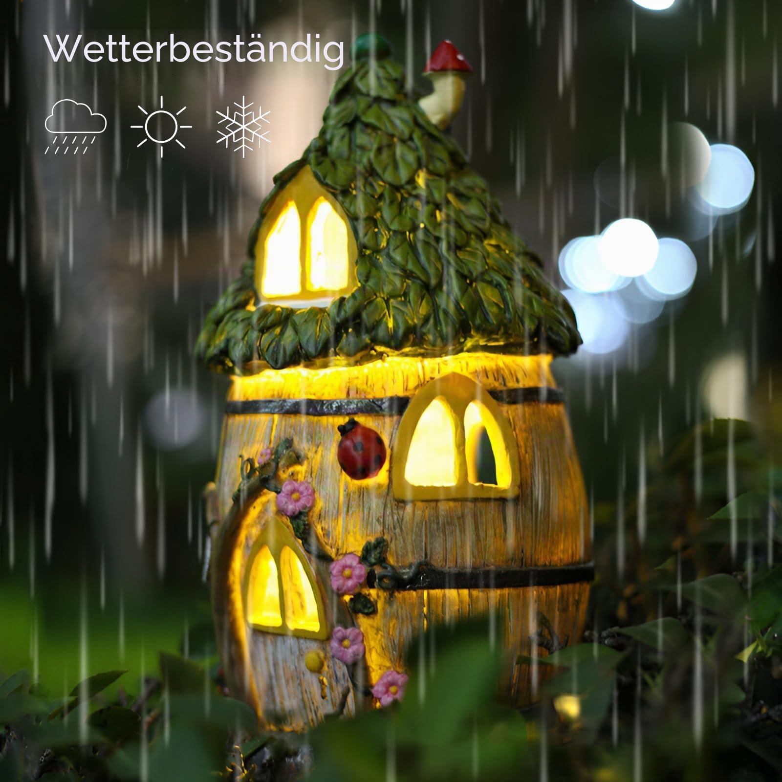 Gartendeko für Draußen, Solar Feenhaus LED Gartenleuchten Pilzhaus, Fairy Tree House aus Harz, Wetterfeste Feenhäuser Deko Außen, Rasen, Hof, Terrasse, Balkon, Fensterbank, Feengarten (Stil 3)
