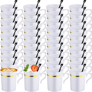 Bokon 100 Pcs Plastic Coffee Tea Cups Reusable 8 oz White Coffee Mugs Bulk with Handle and Spoon with Gold Rim Espresso Cup for Tea Cafe Milk Dessert Shop