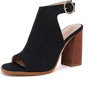 Women‘s Cutout Peep Toe Stacked Heeled Sandals Ankle Strap Buckle Booties