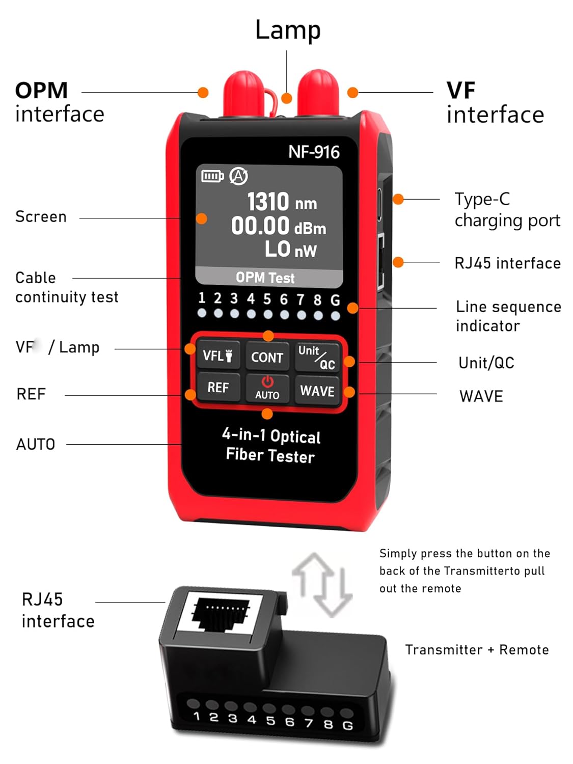 NF-916 Network Cable Tester with Optical Power Meter 4 in1 FC/SC/ST Universal Interface Ethernet LAN RJ45/RJ11/CAT5/CAT6 Continuity Test Wire Tracer Fiber Tester