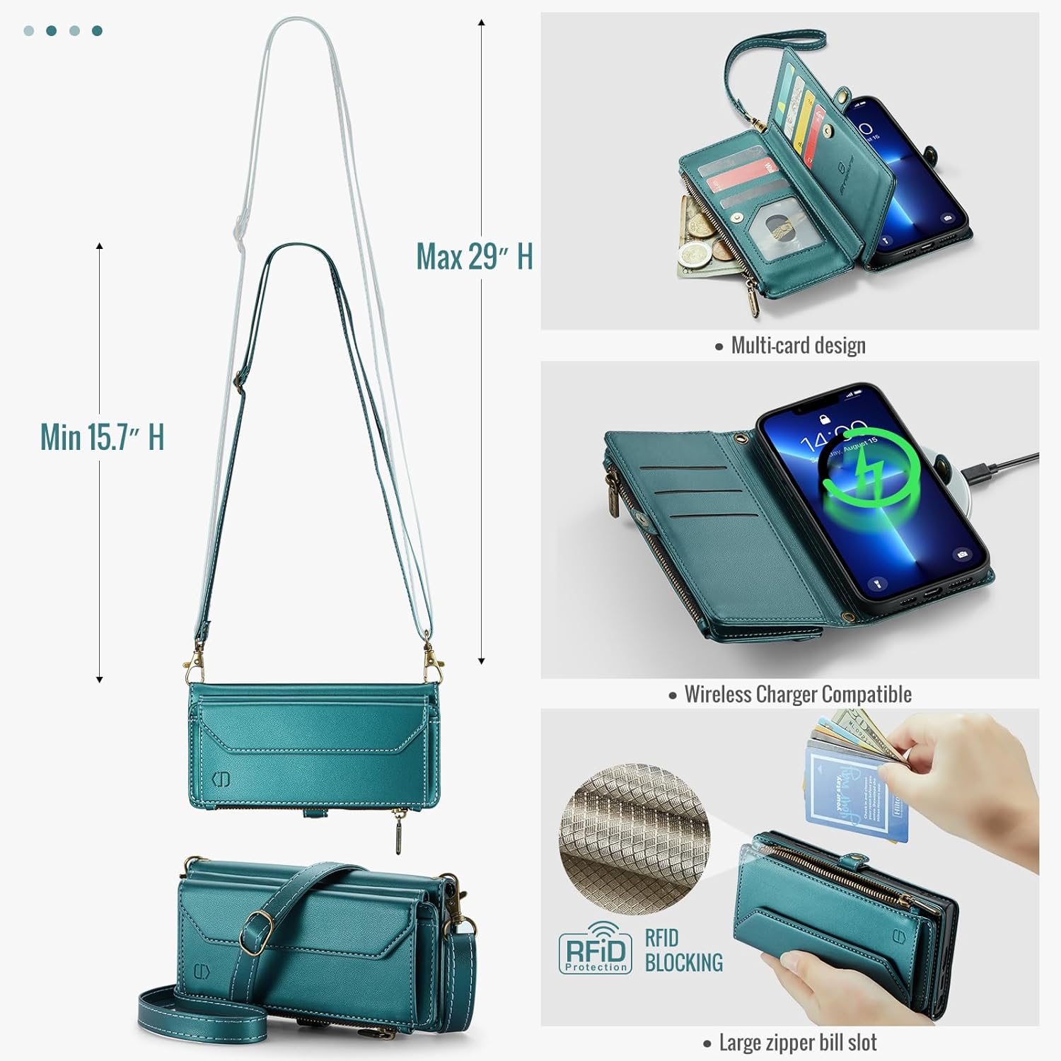 Wallet Case Compatible with iPhone 13 Pro Max RFID Blocking 10-Card Holder Soft PU Leather Magnetic Snap Shoulder Strap Zipper Pocket Phone Case Fit for iPhone 13 Pro Max - Blue Green - Image 5