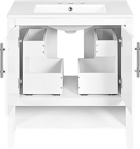 Miniatura 8 de LUMISOL Tocador de baño de 30 pulgadas con lavabo, armario de baño individual con 2 puertas y cajones, tocadores de baño de madera maciza con