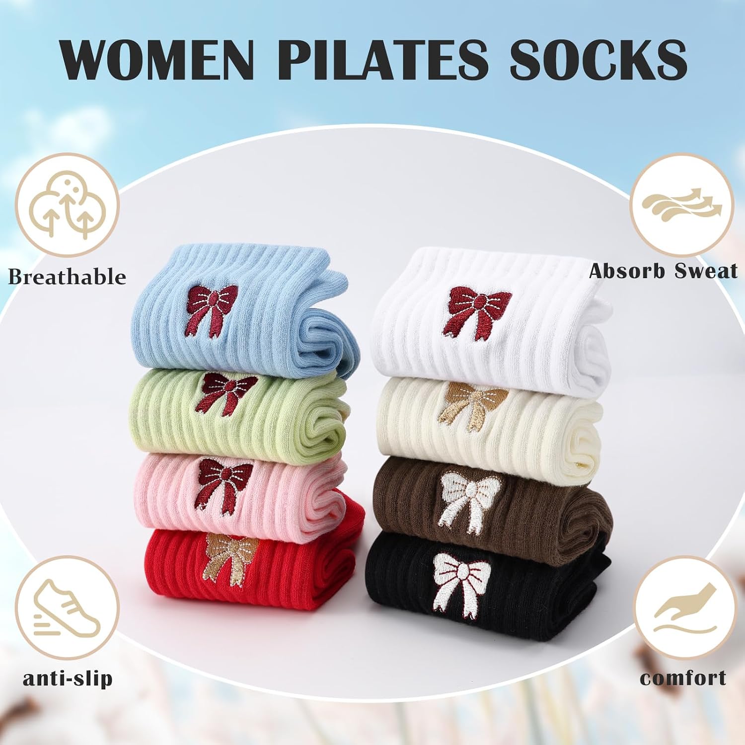 Pilates Grip Mid Crew Socks for Women, Non-Slip Grippy Bow Embroidery Yoga Socks for Fitness Ballet Bar Work&Dance