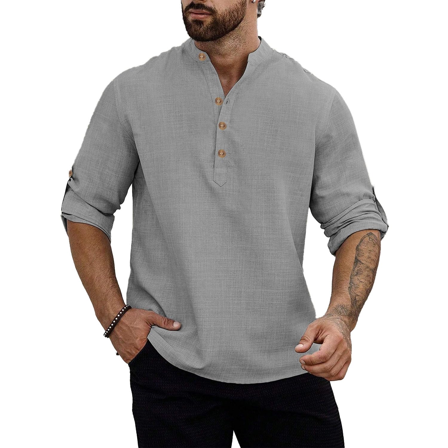 WROGN Full Sleeve Men Solid Cotton Blend Straight Kurta Shirt in neutral