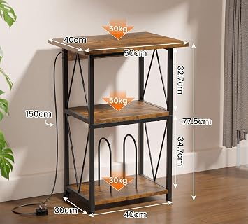 HFHOME 2025 Upgraded Extended Tabletop Record Player Stand with Charging Station, 3 Tier End Table with Vinyl Record Storage, Turntable Stand for Vinyl Player in Living Room Bedroom