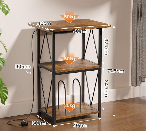 HFHOME 2025 Upgraded Extended Tabletop Record Player Stand with Charging Station, 3 Tier End Table with Vinyl Record Storage, Turntable Stand for Vinyl Player in Living Room Bedroom