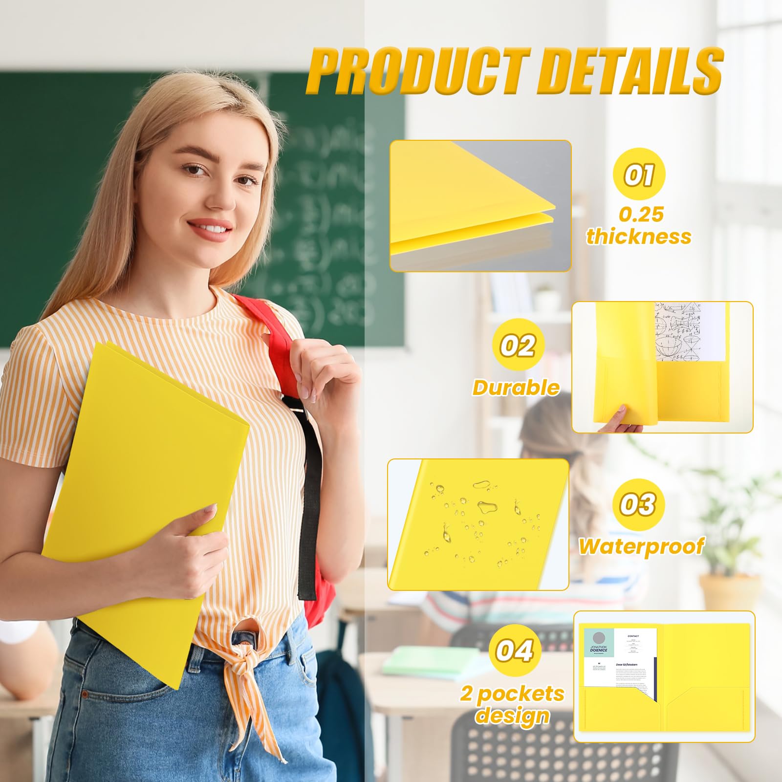 Gueevin Kunststoff-Ordner mit 2 Fächern, Großpackung, Dokumentenmappe mit 2 Taschen, Briefgröße, strapazierfähig, Portfolio-Mappe für Büro, Schule, Geschäft, 29 x 24 cm, Gelb, 72 Stück