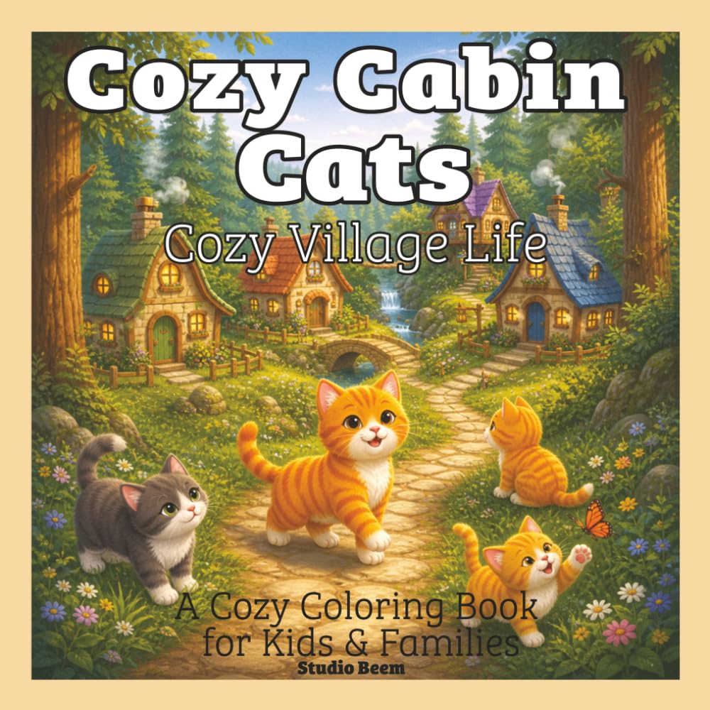Cozy Cabin Cats: Cozy Village Life — A Coloring Book: Bold & Easy Designs for Relaxation and Stress Relief