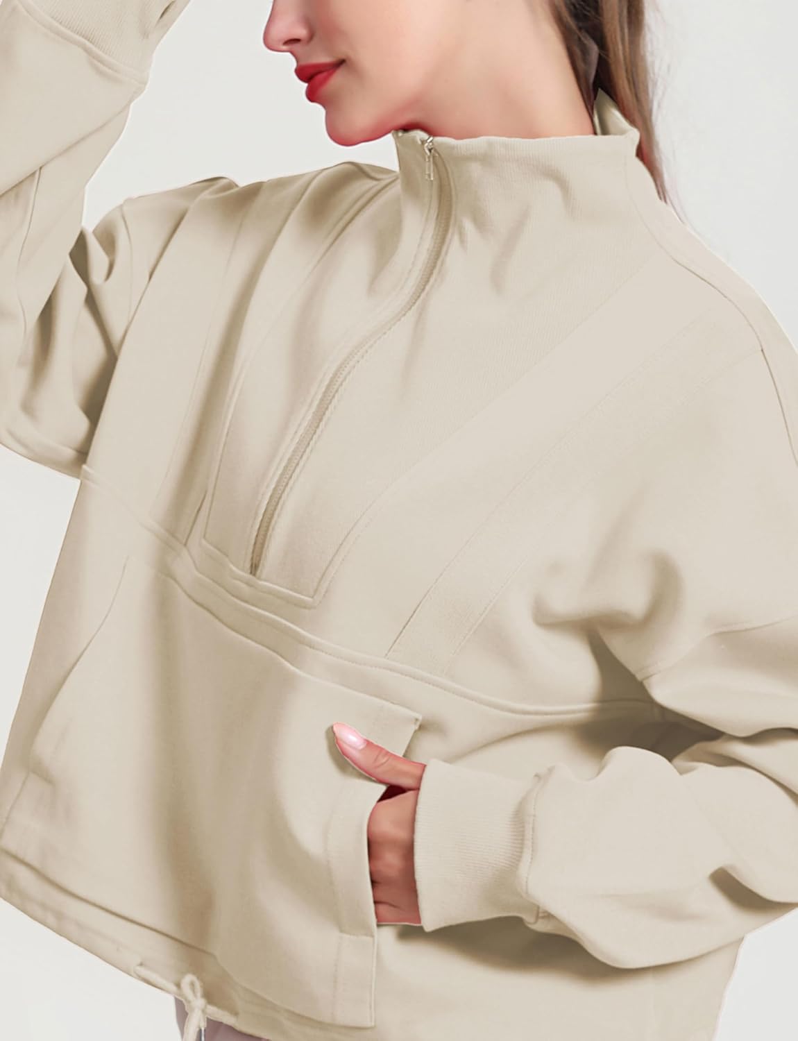 HerGymClothing Womens Cropped Sweatshirt Long Sleeve Half Zip Loose Workout Crop Athletic Jacket - Image 3