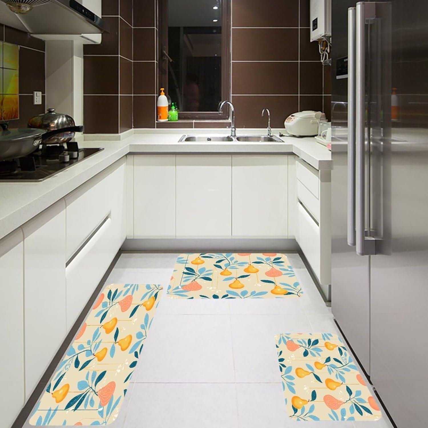 Pears and Leaves Kitchen Rugs Set of 3 Non Slip Washable Kitchen Mats for Floor Soft Area Rug Kitchen Floor Mat Cushioned Anti Fatigue Mats Standing Sink Mat Decor Runner Rugs