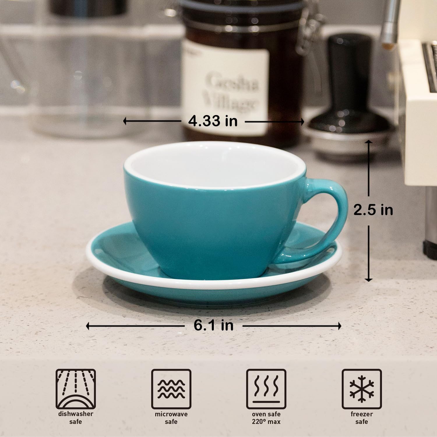Loveramics Set of 1 x 300ml Latte Art Cup and Saucer (Teal) + Glass Travel Mug (Clear)