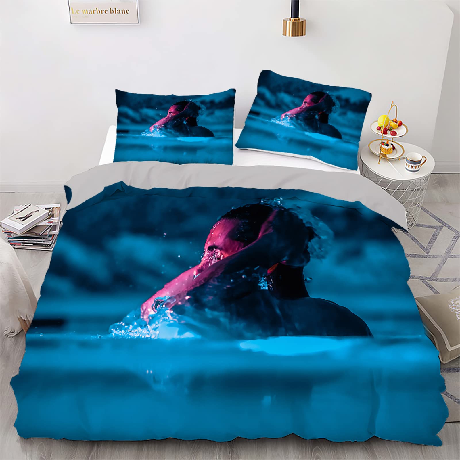 Parure de lit 240x260 natation bleue avec housse de couette fermeture éclair et 2 taies