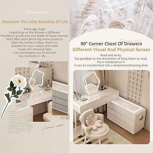 Miniatura 3 de Tocador con espejo con luces, mesa de tocador con cajones, mesa de maquillaje blanca, 3 modos de iluminación de brillo ajustable, para dormitorio,