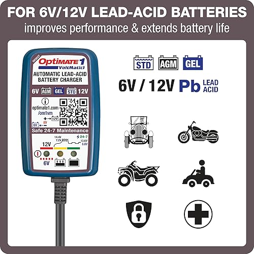 Miniatura 2 de TecMATE Optimate 1 VoltMATIC, TM-401a, Bronze Series: 4-Step 6V / 12V (0.6A), Cargador y mantenedor de baterías, Azul