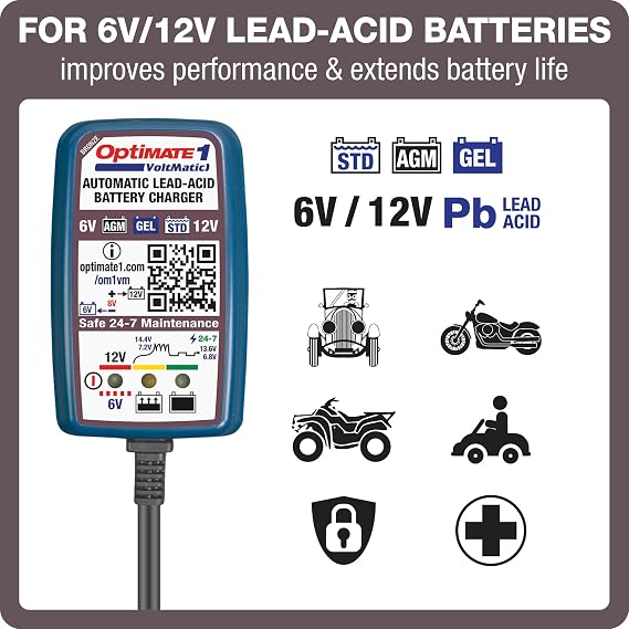 Tecmate Optimate 1 VoltMATIC, TM-401a, Bronze Series: 4-Step 6V / 12V (0.6A), Battery Charger & maintainer,Blue