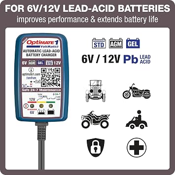 Tecmate Optimate 1 VoltMATIC, TM-401a, Bronze Series: 4-Step 6V / 12V (0.6A), Battery Charger & maintainer,Blue