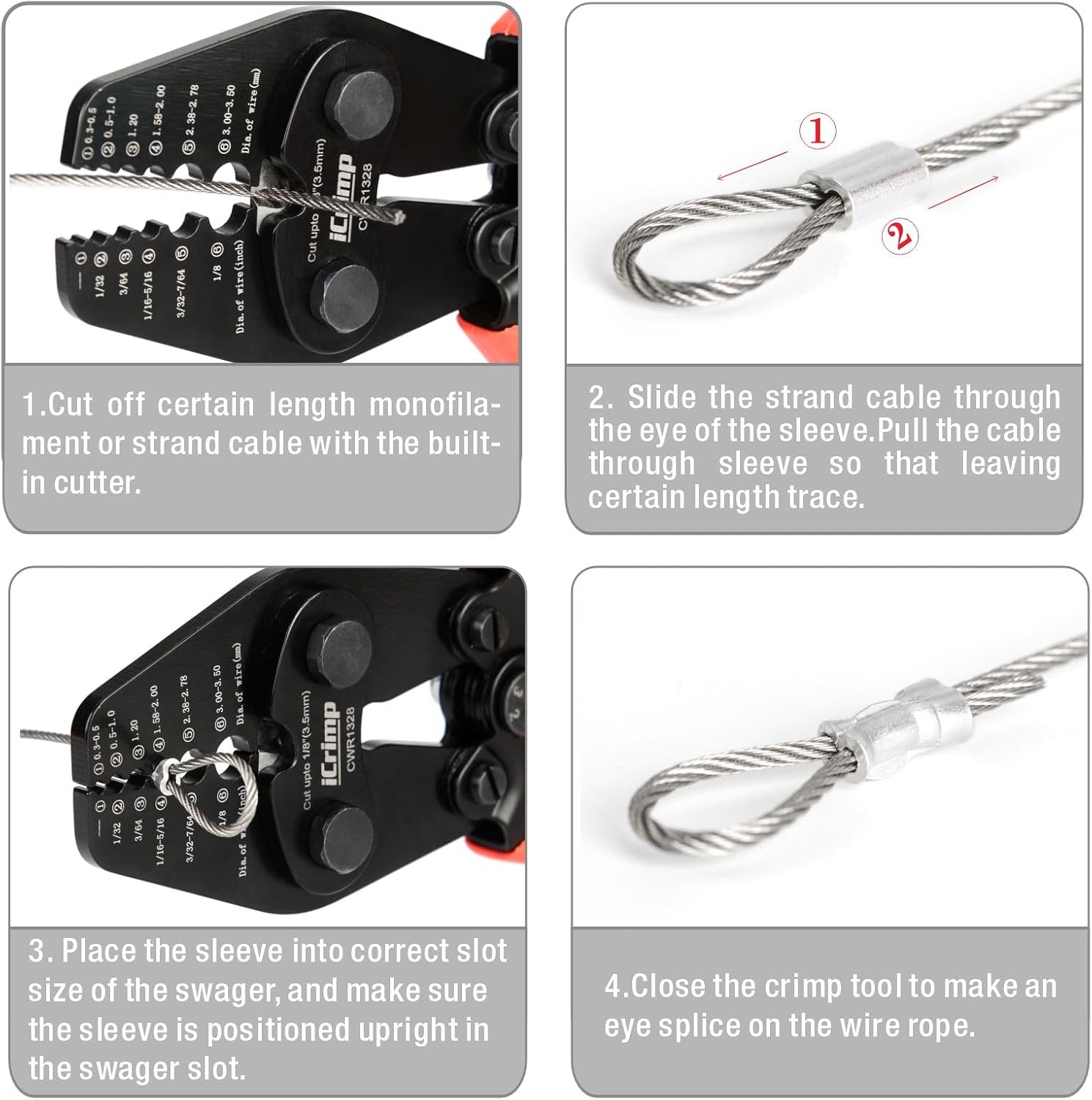 Four-panel image illustrating the step-by-step process of crimping a wire rope sleeve to create an eye splice.
