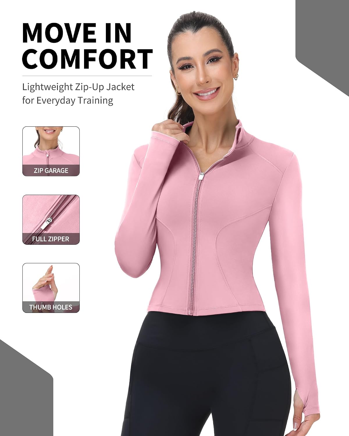 Runhit Womens Athletic Jackets Full Zip Waist Length Tops with Thumb Holes