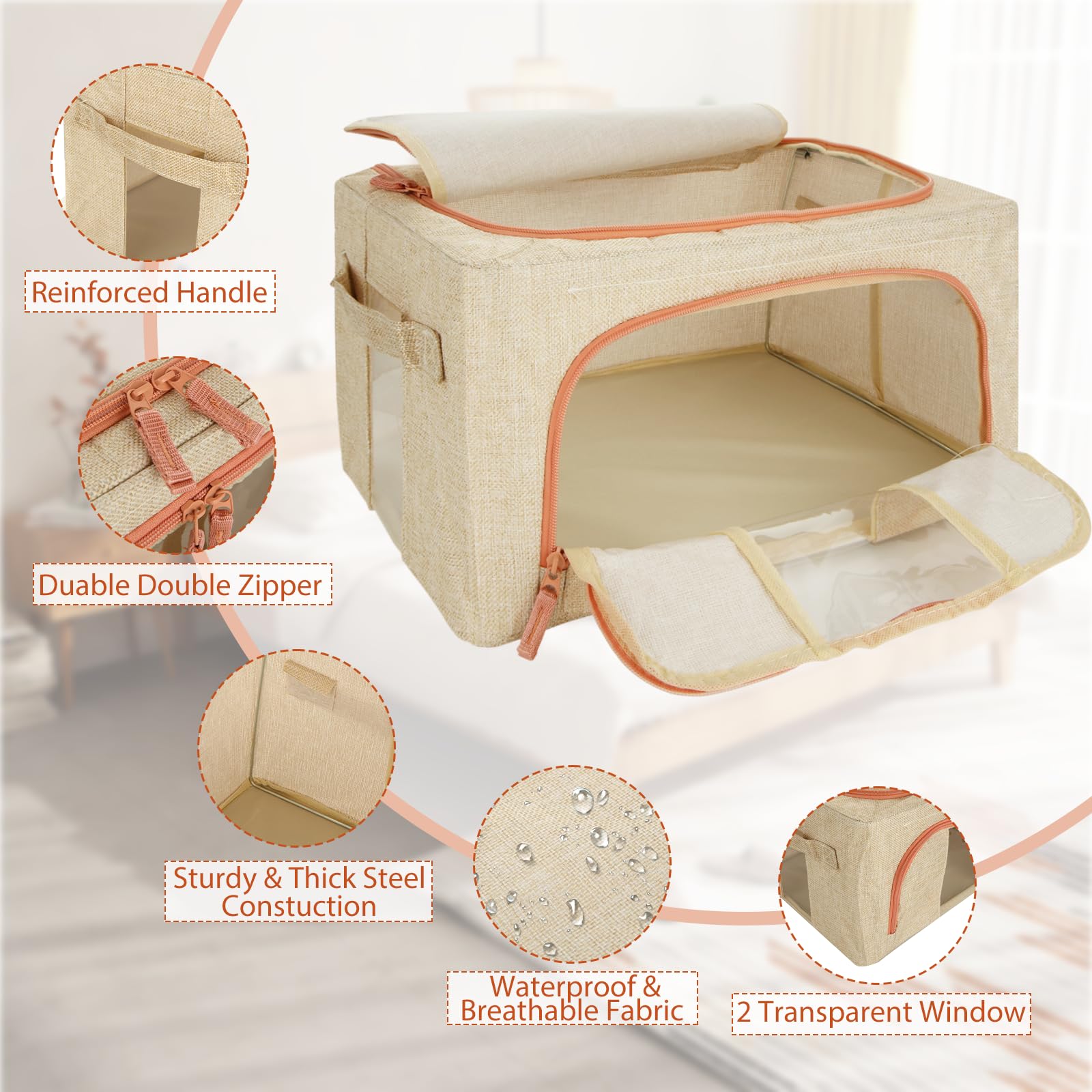 YOUNTHYE Paquete de 4 bolsas de almacenamiento de ropa, cajas plegables de almacenamiento de ropa de 24 L con tapas, ventana transparente y asas de transporte, caja de marco de acero de tela de lino
