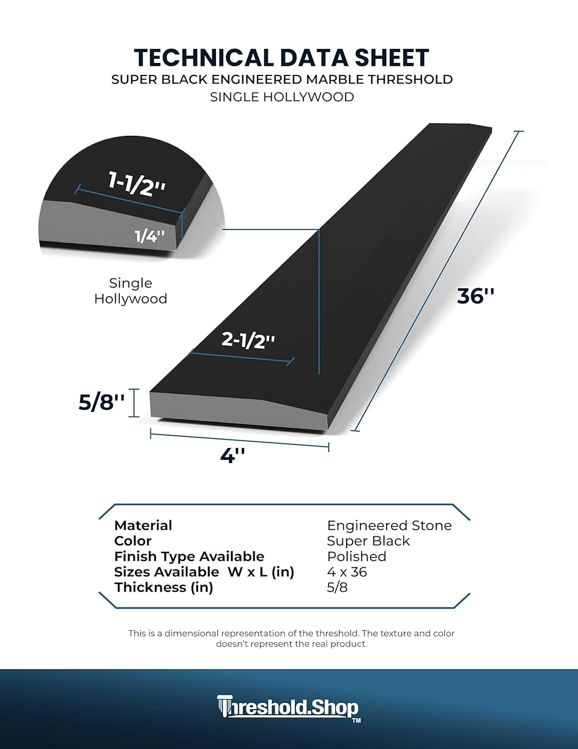 Single Hollywood Engineered Marble Threshold for Floor Transitions (Super Black, 4" x 36")